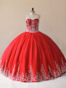 Red Ball Gowns Sweetheart Sleeveless Tulle Floor Length Lace Up Embroidery Sweet 16 Quinceanera Dress