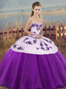 White And Purple Ball Gowns Sweetheart Sleeveless Tulle Floor Length Lace Up Embroidery and Bowknot Ball Gown Prom Dress