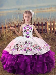 Purple Ball Gowns Organza Scoop Sleeveless Embroidery and Ruffles Floor Length Lace Up Child Pageant Dress