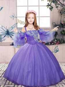Trendy Lavender Tulle Lace Up Straps Sleeveless Floor Length Little Girls Pageant Gowns Beading