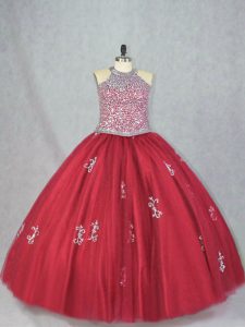Stunning Ball Gowns Quinceanera Dress Red Halter Top Tulle Sleeveless Floor Length Lace Up