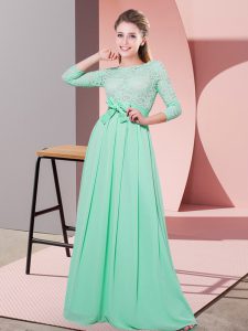 Captivating Chiffon 3 4 Length Sleeve Floor Length Bridesmaids Dress and Lace and Belt