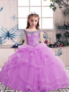 Super Lilac Tulle Lace Up Pageant Dress for Teens Sleeveless Floor Length Beading