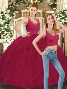 Dramatic Ball Gowns Quinceanera Gown Red V-neck Tulle Sleeveless Floor Length Lace Up