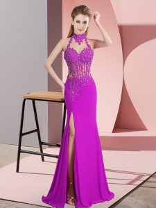 Comfortable Fuchsia Dress for Prom Prom and Party with Lace and Appliques Halter Top Sleeveless Backless