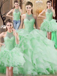 Halter Top Sleeveless Organza Quinceanera Gown Beading and Ruffles Brush Train Lace Up