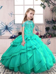 Custom Made Floor Length Lace Up Kids Formal Wear Turquoise for Party and Wedding Party with Beading and Ruffled Layers