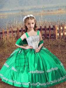 Turquoise Satin Lace Up Child Pageant Dress Sleeveless Floor Length Beading and Embroidery