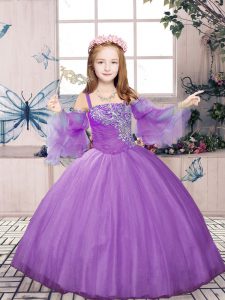 Lavender Tulle Lace Up Pageant Dress for Teens Sleeveless Floor Length Beading