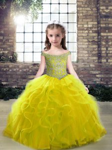 Olive Green Tulle Lace Up Pageant Gowns For Girls Sleeveless Floor Length Beading and Ruffles