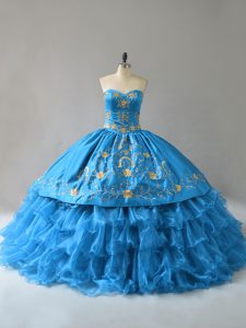 Organza Sweetheart Sleeveless Lace Up Embroidery and Ruffles Sweet 16 Quinceanera Dress in Blue