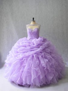Lavender Ball Gowns Scoop Sleeveless Organza Brush Train Lace Up Beading and Ruffles Quinceanera Gown
