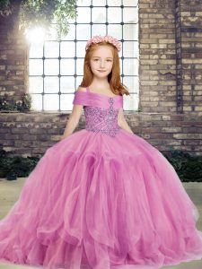 Tulle Straps Sleeveless Lace Up Beading Girls Pageant Dresses in Lilac
