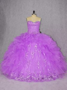 Exquisite Sweetheart Sleeveless 15th Birthday Dress Floor Length Appliques and Ruffles Purple Organza