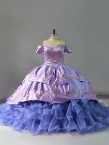 Clearance Sleeveless Embroidery and Ruffles Lace Up Sweet 16 Quinceanera Dress with Lavender Chapel Train