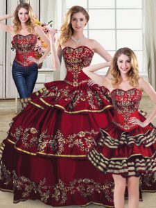 Wine Red Ball Gowns Sweetheart Sleeveless Organza Floor Length Lace Up Embroidery and Ruffled Layers Quinceanera Dress