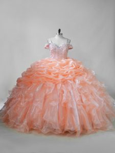 Eye-catching Orange Straps Lace Up Beading and Ruffles and Pick Ups Quince Ball Gowns Brush Train Sleeveless