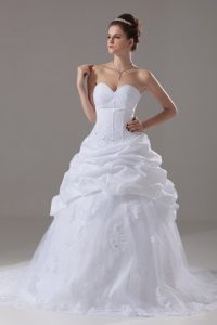 Fantastic Tulle Sweetheart Sleeveless Brush Train Lace Up Beading and Lace and Pick Ups Wedding Gowns in White