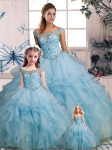 Light Blue Ball Gowns Organza Off The Shoulder Sleeveless Beading and Ruffles Floor Length Lace Up Quinceanera Dresses