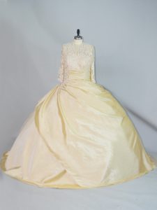 Elegant Brush Train Ball Gowns Sweet 16 Quinceanera Dress Yellow High-neck Taffeta Long Sleeves Lace Up