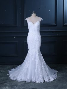 High End Brush Train Mermaid Wedding Dresses White V-neck Tulle Sleeveless Clasp Handle