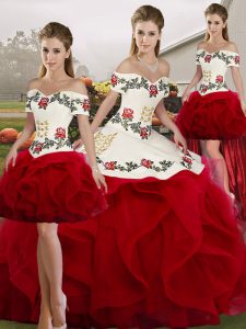 Elegant Floor Length Lace Up Ball Gown Prom Dress White And Red for Military Ball and Sweet 16 and Quinceanera with Embroidery and Ruffles
