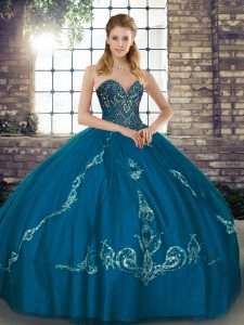 Eye-catching Blue Sleeveless Tulle Lace Up 15th Birthday Dress for Military Ball and Sweet 16 and Quinceanera