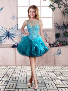 Stunning Ball Gowns Prom Dresses Blue Scoop Tulle Sleeveless Mini Length Lace Up