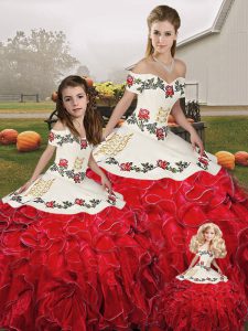 Extravagant White And Red Ball Gowns Organza Off The Shoulder Sleeveless Embroidery and Ruffles Floor Length Lace Up Sweet 16 Dresses