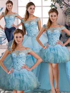 Exquisite Light Blue Ball Gowns Off The Shoulder Sleeveless Organza Floor Length Lace Up Beading and Ruffles Ball Gown Prom Dress