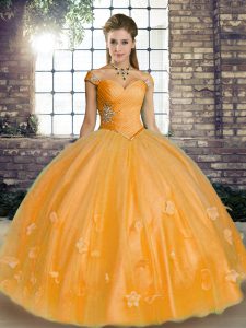 Trendy Orange Ball Gowns Beading and Appliques Sweet 16 Dresses Lace Up Tulle Sleeveless Floor Length