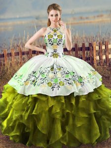 Luxurious Halter Top Sleeveless Ball Gown Prom Dress Floor Length Embroidery and Ruffles Olive Green Organza