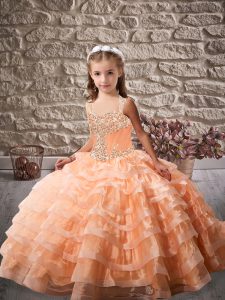 Brush Train Ball Gowns Evening Gowns Orange Straps Organza Sleeveless Lace Up