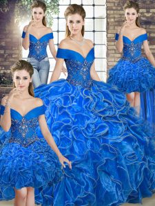 Noble Royal Blue Ball Gowns Organza Off The Shoulder Sleeveless Beading and Ruffles Floor Length Lace Up Sweet 16 Dresses