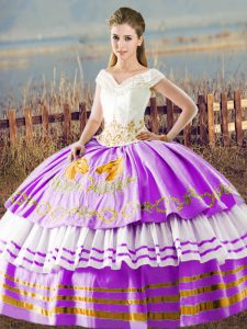 Trendy Lilac Sleeveless Floor Length Embroidery and Ruffled Layers Lace Up Quinceanera Gown