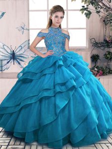 High-neck Sleeveless Organza Vestidos de Quinceanera Beading and Ruffled Layers Lace Up