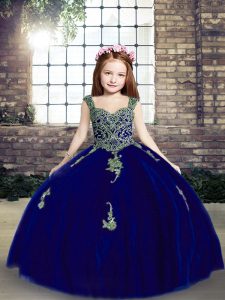 Amazing Royal Blue Lace Up Straps Appliques Little Girls Pageant Gowns Tulle Sleeveless