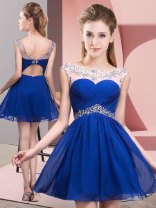 Royal Blue Backless Evening Dress Beading and Ruching Sleeveless Mini Length