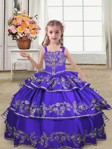 Superior Purple Straps Lace Up Embroidery and Ruffled Layers Pageant Dress Toddler Sleeveless