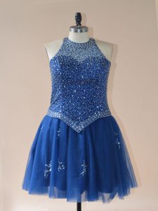 Cheap Mini Length Royal Blue Dress for Prom Tulle Sleeveless Beading