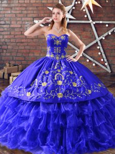 Colorful Royal Blue Ball Gowns Embroidery and Ruffled Layers Quince Ball Gowns Lace Up Organza Sleeveless Floor Length