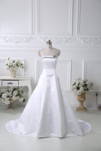 Elegant White Bridal Gown Satin Brush Train Sleeveless Pattern