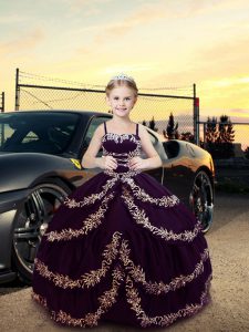 Customized Straps Sleeveless Lace Up Pageant Gowns For Girls Dark Purple Satin