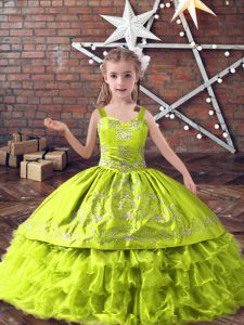 Customized Straps Sleeveless Satin and Organza Little Girls Pageant Dress Wholesale Embroidery and Ruffled Layers Lace Up