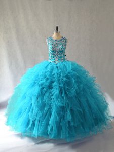 Sleeveless Tulle Floor Length Lace Up Quinceanera Dress in Baby Blue with Beading and Ruffles
