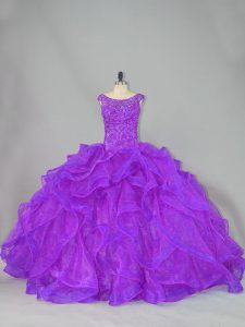 Modern Organza Scoop Sleeveless Brush Train Lace Up Beading and Ruffles 15th Birthday Dress in Purple