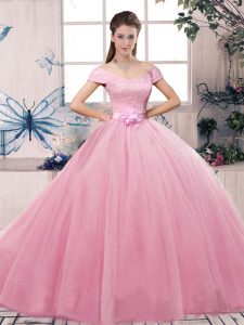 Short Sleeves Lace and Hand Made Flower Lace Up Quinceanera Gown