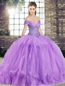 Custom Made Lavender Lace Up Quince Ball Gowns Beading and Ruffles Sleeveless Floor Length