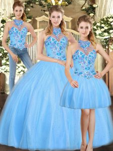 Sumptuous Baby Blue Halter Top Neckline Embroidery Quinceanera Gown Sleeveless Lace Up