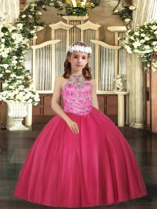 Hot Pink Little Girls Pageant Dress Wholesale Party and Wedding Party with Beading Halter Top Sleeveless Lace Up